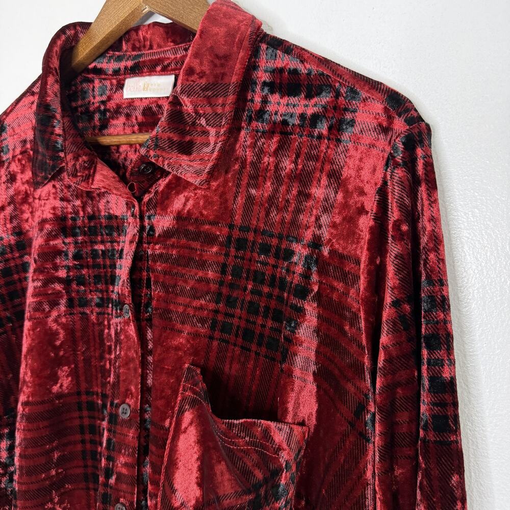 Belle Kim Gravel Tunic Top Womens 1X Red Plaid Velvet Pockets Long Sleeve